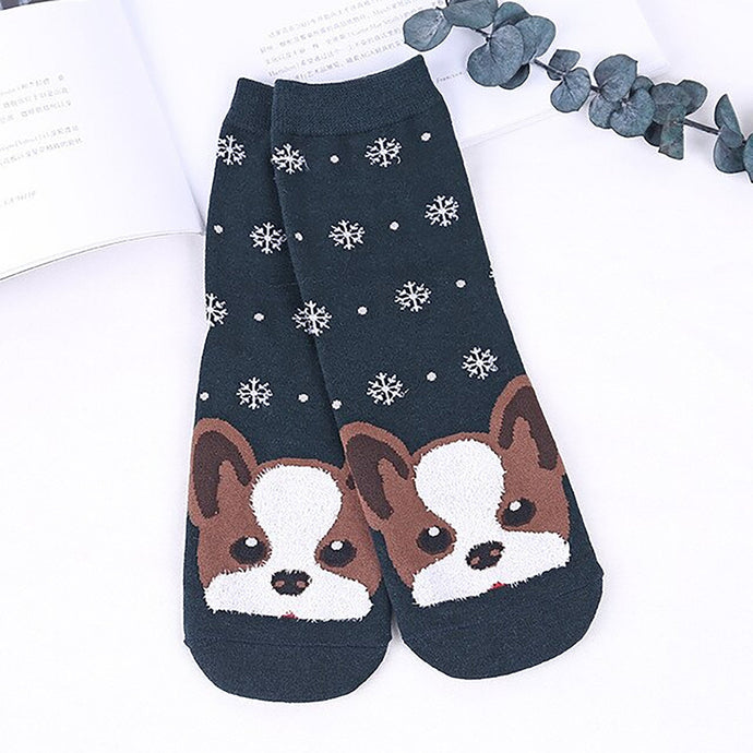 Cute Dog Winter Design Dark Green Japanese Harajuku Style Cute Character Girls Women Cartoon Socks - LuckySeal Co